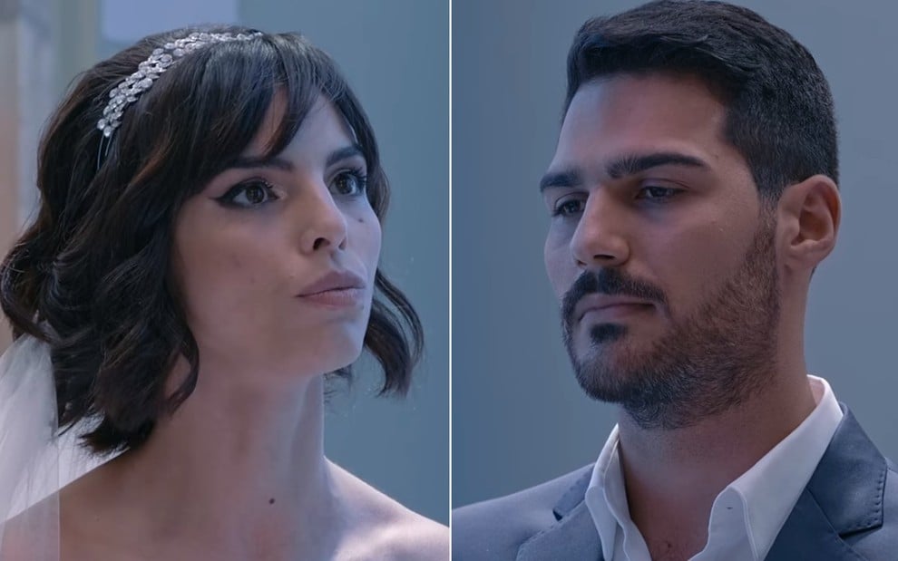 Ana Prado e Shayan se encaram em montagem de cenas do Casamento às Cegas da Netflix