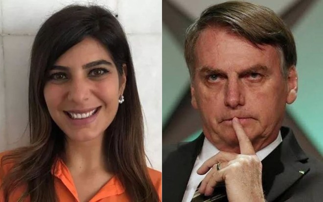 Andréia Sadi com uma blusa roxa; Jair Bolsonaro na Jovem Pan