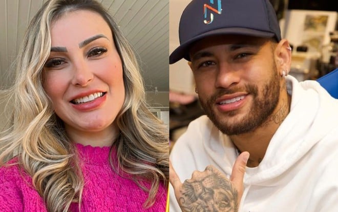 Montagem com uma foto de Andressa Urach e outra de Neymar Jr.; os dois sorriem e encaram a câmera