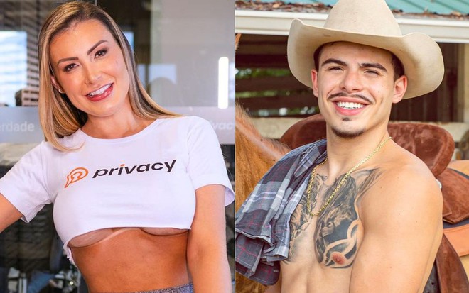 Montagem com foto de Andressa Urach usando camiseta da Privacy e Thomaz Costa sem camisa de chapéu