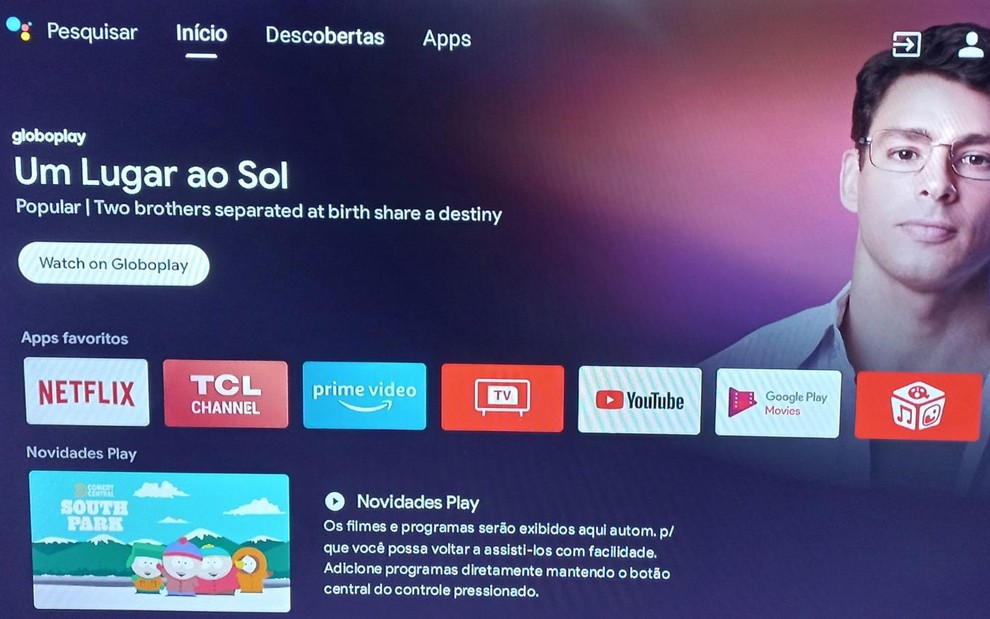 Tela da plataforma Android TV, agora com fotos e sugestões de conteúdo