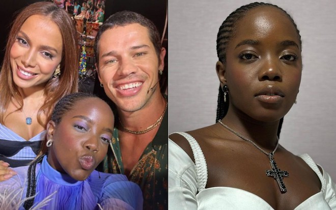 Montagem com selfie de Anitta, Clara Moneke e José Loreto; na segunda imagem, Clara está sozinha