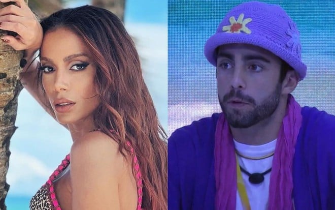 Uma montagem com Anitta de biquíni na praia em foto publicada no Instagram, à esquerda, e Pedro Scooby, à direita, na casa do BBB 22