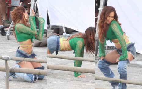 Anitta de short jeans rebolando enquanto grava um novo clipe no Rio de Janeiro