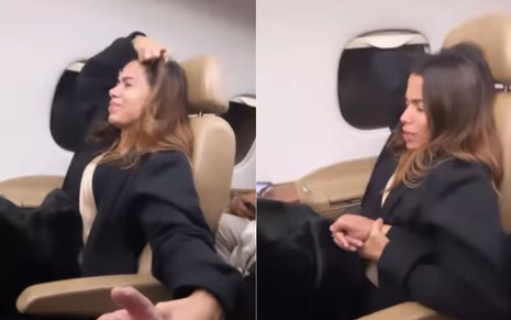 Vestida de preto, Anitta está assustada em avião
