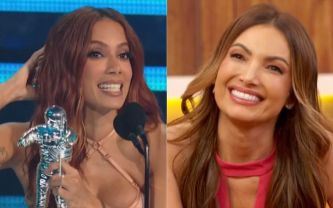 Montagem com foto de Anitta recebendo prêmio no VMA e Patrícia Poeta sorrindo