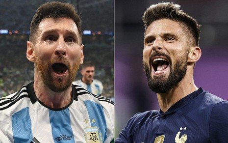 Montagem com jogadores Messi (Argentina), à esquerda, e Giroud (França), à direita