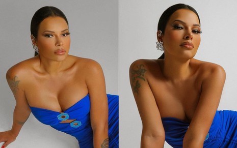 Montagem com duas fotos de Ariadna Arantes em um vestido azul e fundo branco