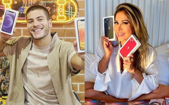 Na montagem, Arthur Aguiar e Maíra Cardi seguram iPhones em fotos de sorteios no Instagram