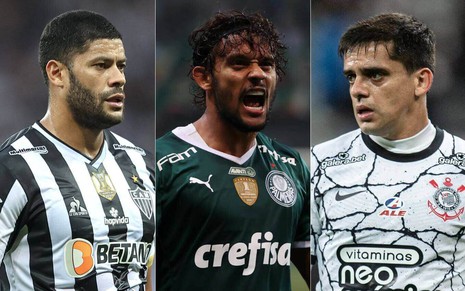 Montagem com jogadores Hulk (Atlético-MG) à esquerda, Scarpa (Palmeiras) no meio e Fagner (Corinthians)