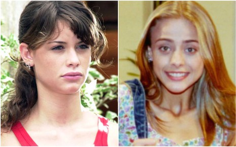 Montagem com fotos das atrizes Alinne Moraes e Juliana Silveira, a primeira séria e a segunda sorrindo, em cenas de novelas de 2002
