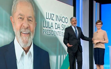 William Bonner e Renata Lo Prete no estúdio da apuração eleitoral, com Lula sorrindo ao fundo