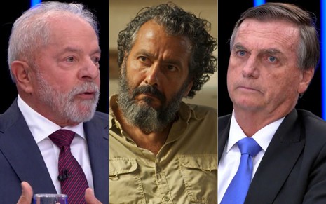 Montagem com Lula, Marcos Palmeira como José Leôncio em Pantanal, e Jair Bolsonaro