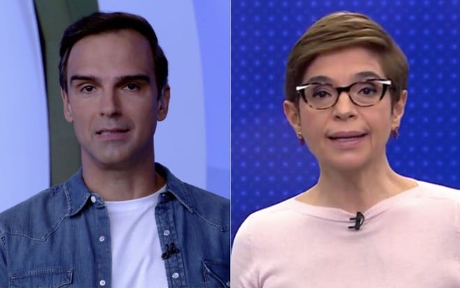 Montagem de fotos com os apresentadores Tadeu Schmidt (à esq.) no BBB 22 e Renata Lo Prete no Jornal da Globo