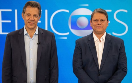 Imagem de Fernando Haddad (PT) e Tarcísio de Freitas (Republicanos) no debate da Globo