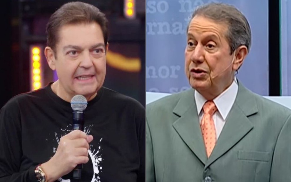 Do lado esquerdo, Fausto Silva com uma camisa preta no seu antigo programa na Globo; do lado direito. R.R. Soares com um paletó cinza, gravata rosa e camisa branca