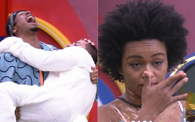 Montagem com imagens de Arthur Aguiar com fantasia de coelho no colo de Paulo André (à esq.) e Natália Deodato no BBB 22