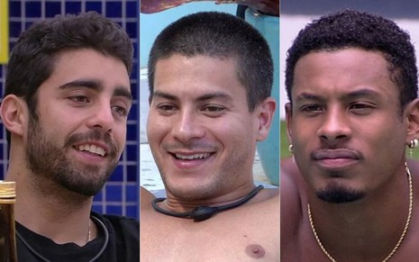 Montagem de fotos com Pedro Scooby, Arthur Aguiar e Paulo André no BBB 22, da Globo