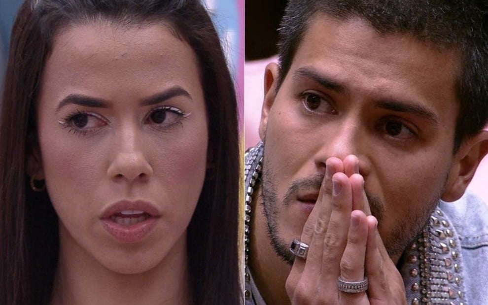 Montagem de fotos com Larissa Tomásia e Arthur Aguiar no BBB 22; eles estão no paredão