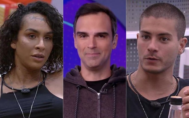 Montagem de fotos com Linn da Quebrada, Tadeu Schmidt e Arthur Aguiar no BBB 22, da Globo