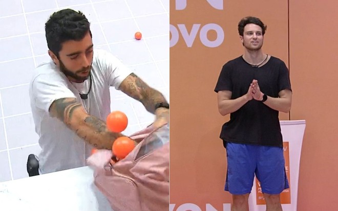 Montagem de fotos com Pedro Scooby e Lucas Bissoli na Prova do Anjo BBB 22, da Globo