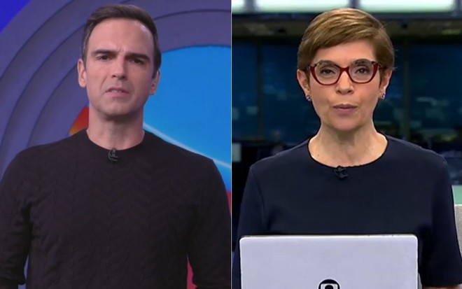 Montagem de fotos com Tadeu Schmidt no BBB 22 e Renata Lo Prete no Jornal da Globo