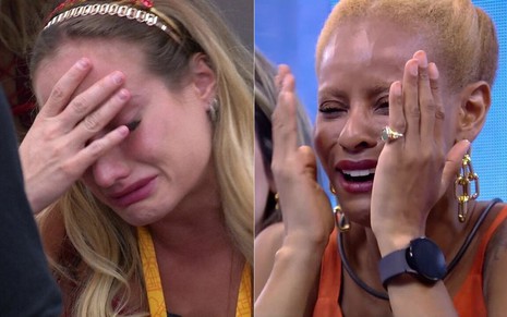 Montagem de fotos com Bruna Griphao e Alie Wirley chorando no BBB 23, da Globo