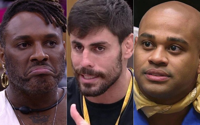 Montagem de fotos com Fred Nicácio, Antônio Cara de Sapato e Cezar Black no BBB 23, da Globo