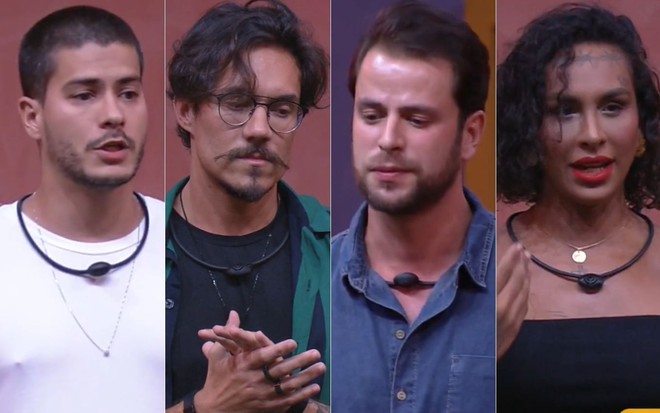Montagem com imagens de Arthur, Eliezer, Gustavo e Linn da Quebrada, da esquerda para a direita, no BBB 22