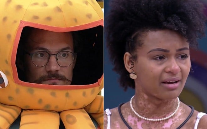 Montagem com imagens de Eliezer Netto com cabeça de polvo (à esq.) e Natália Deodato chorando no BBB 22