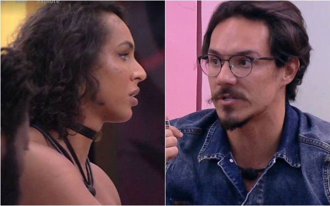 Linn olha para Eliezer; Eliezer olha para Lin e veste jaqueta jeans
