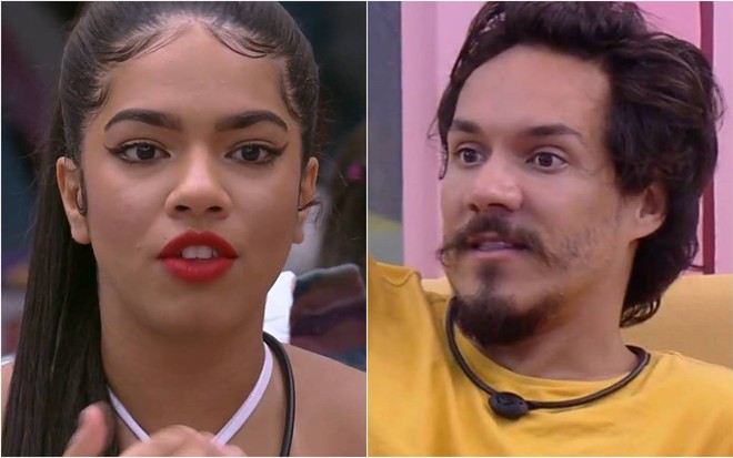 Maria usa batom vermelho e blusa branca; Eliezer olha para o lado e veste camiseta amarela