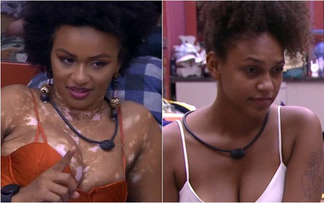 Natália usa vestido laranja e olha para Jessilane; Jessilane olha para Natália e veste top branco