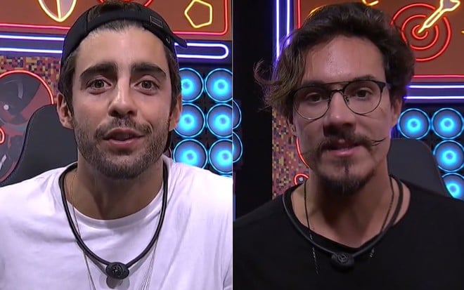 Montagem com imagens de Pedro Scooby (à esq.) e Eliezer Netto no confessionário do BBB 22