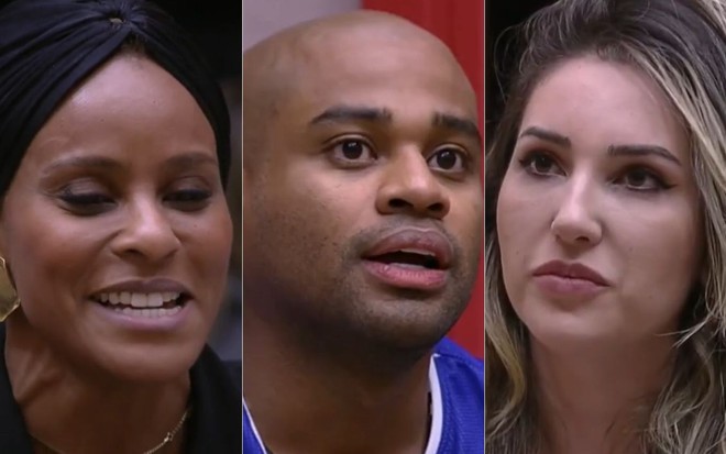 Montagem com Aline, Cezar e Amanda com expressões sérias