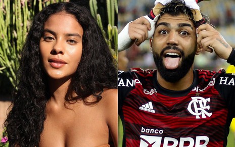 Montagem com imagens de Bella Campos (à esq.) e Gabigol em jogo do Flamengo