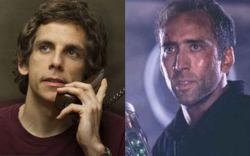 Montagem: Ben Stiller à esquerda com um telefone na orelha, e Nicolas Cage à direita