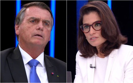 Montagem com Jair Bolsonaro à esquerda e a jornalista Renata Vasconcellos à direita
