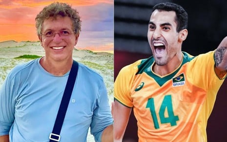 Montagem de fotos de J. B. Oliveira, o Boninho, sorrindo; e Douglas Souza com a camisa amarela da seleção em jogo do vôlei
