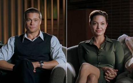 Montagem com Brad Pitt à esquerda e Angelina Jolie à direita em cena de Sr. e Sra. Smith