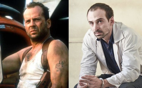 Montagem: Bruce Willis jovem à esquerda, com uma regata branca e sujo; Julio Andrade à direita, sentado com um jaleco e os braços apoiados nas pernas