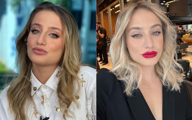 Montagem com fotos de Bruna Griphao antes e depois de platinar o cabelo