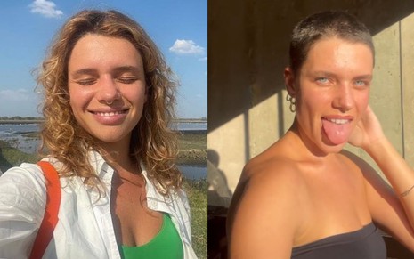 Uma montagem com duas fotos de Bruna Linzmeyer, uma com os cabelos longos (à esq.), e outra com o cabelo raspado (à dir.)