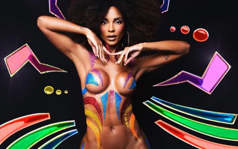 Brunna Gonçalves está usando adesivos coloridos no corpo imitando a Globeleza