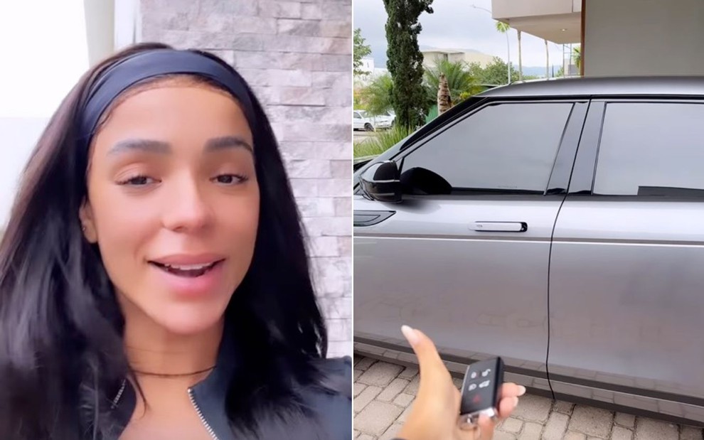 Montagem com Brunna Gonçalves à esquerda e uma range rover velar à direita