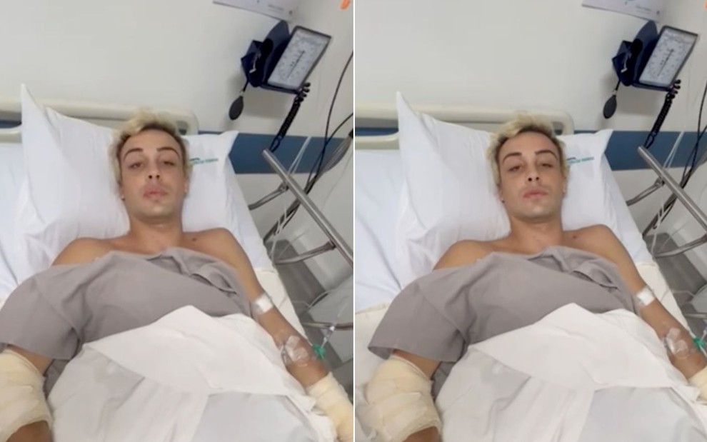 Bruno Krupp em duas imagens em uma maca com vários curativos em um hospital