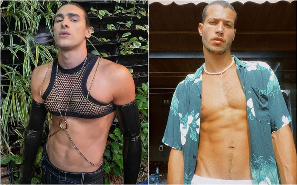 Os atores Bruno Montaleone e Gabriel Vieira em fotos que deixam os peitorais malhados à mostra, fazem expressões sérias e sensuais