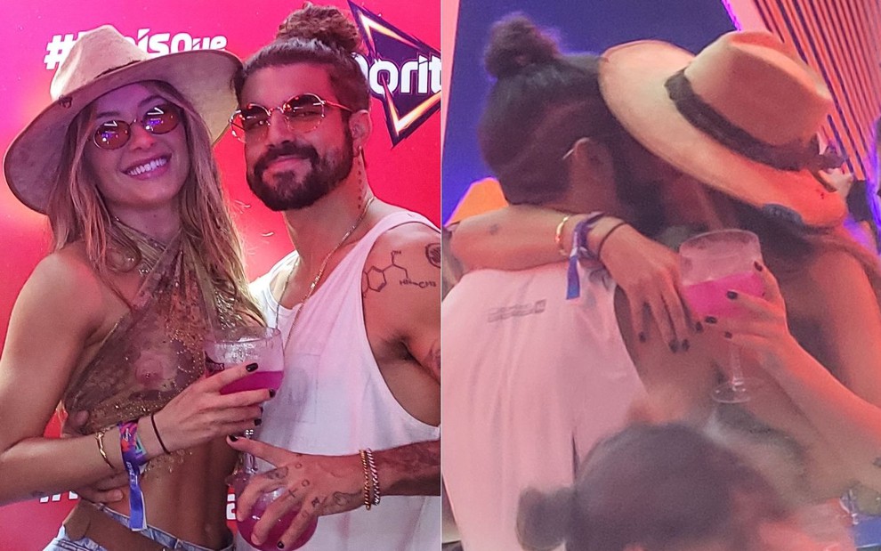 Caio Castro e Daiane de Paula posam para foto no Lollapalooza; na segunda imagem, o casal se beija