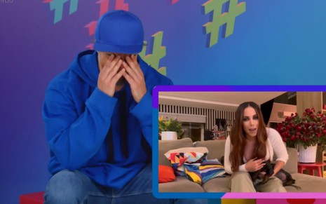 Marcos Mion veste roupa e boné azuis e conversa virtualmente com Anitta