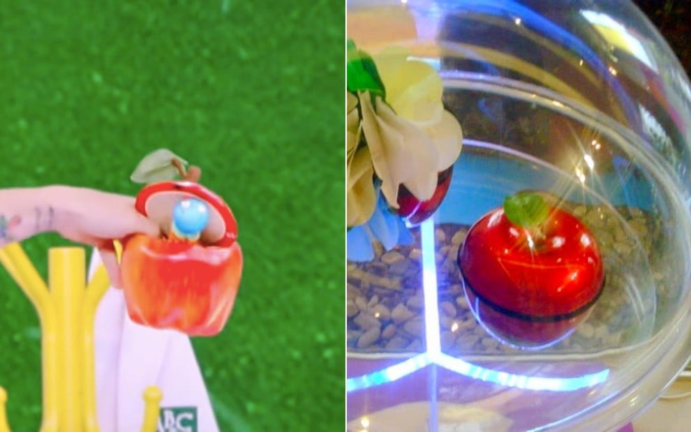 Montagem com maçã do quadro ABC do Mion do Caldeirão na Globo à esquerda e com maçã do Tentação no SBT
